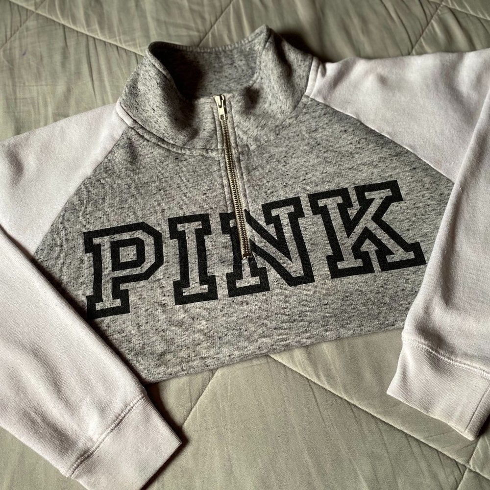 VS PINK Quarter Zip Sweater Gray & White New!